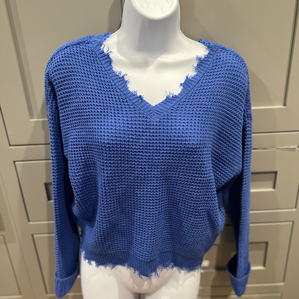 Royal Blue Waffle Fringe Sweater NWOT